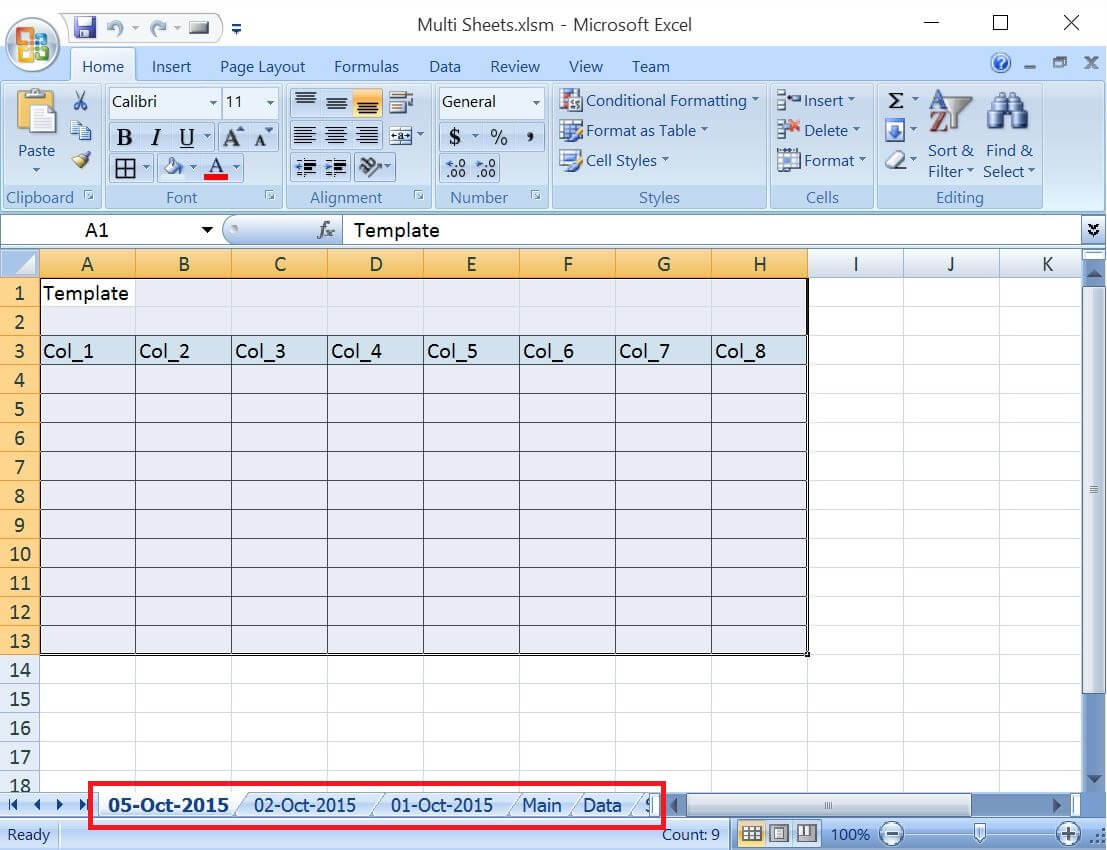 Add Worksheets For All The Given Dates Except Weekends and Copy The Common Template In Each Worksheet
